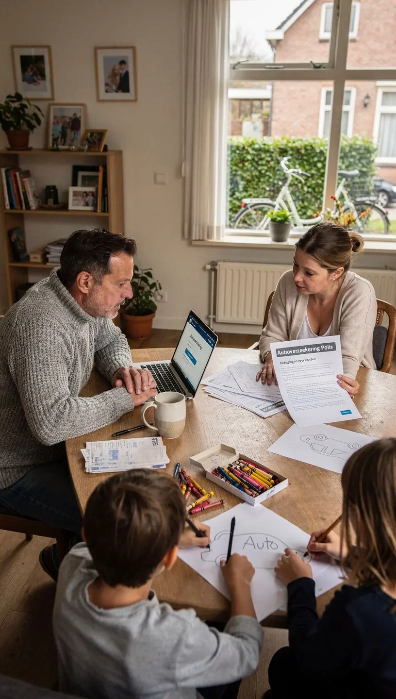 Een gezin dat samen een auto inspecteert voor een verzekeringsevaluatie.